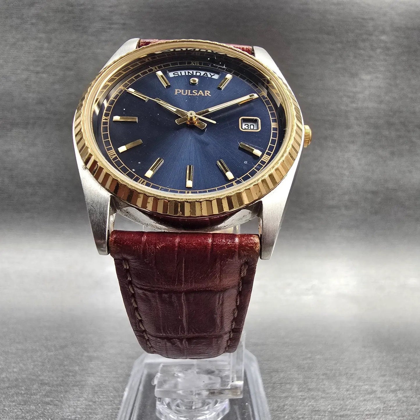 Pulsar President Mens Watch 35mm Blue Dial Two Tone Daydate V744-X004 New Batt5