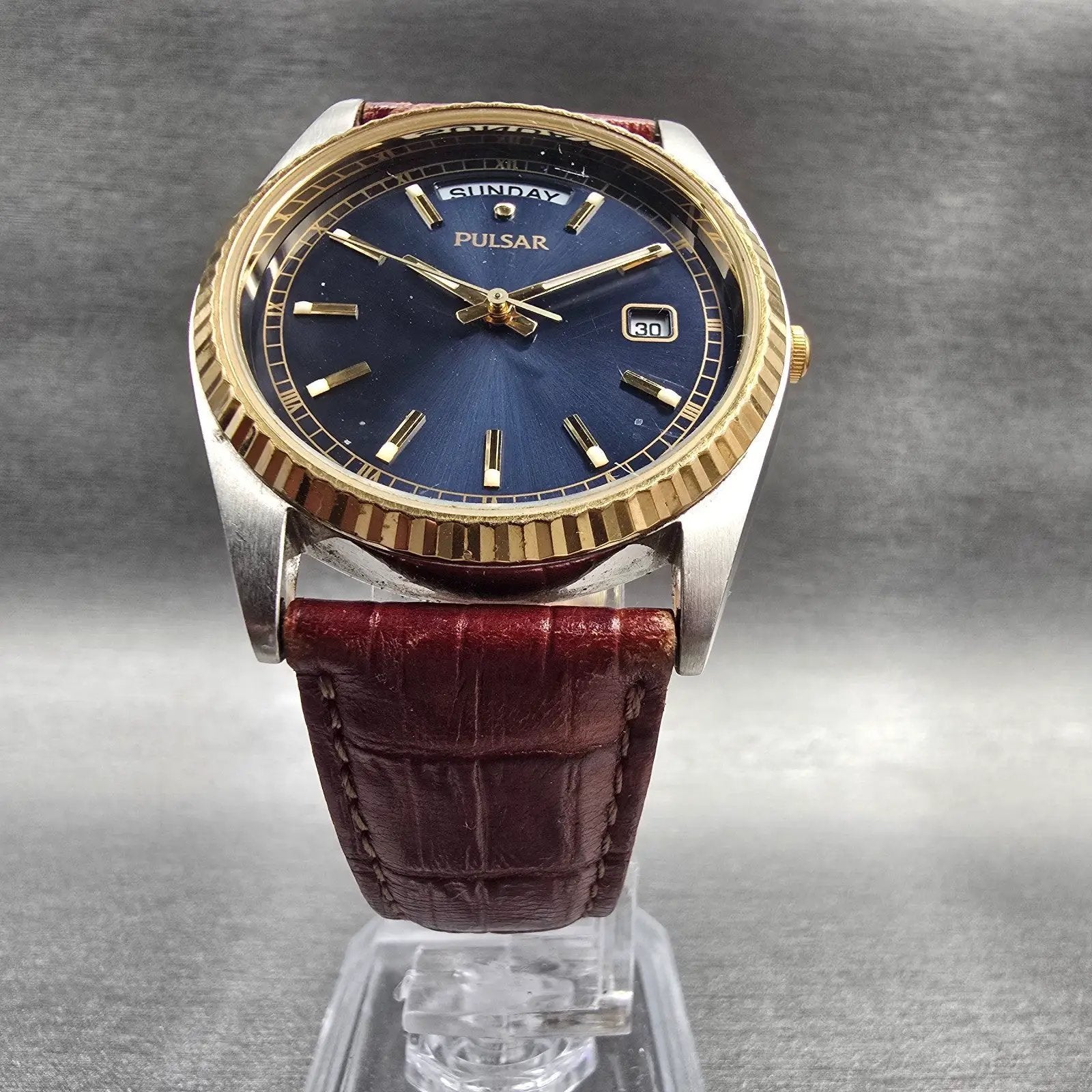 Pulsar President Mens Watch 35mm Blue Dial Two Tone Daydate V744-X004 New Batt5