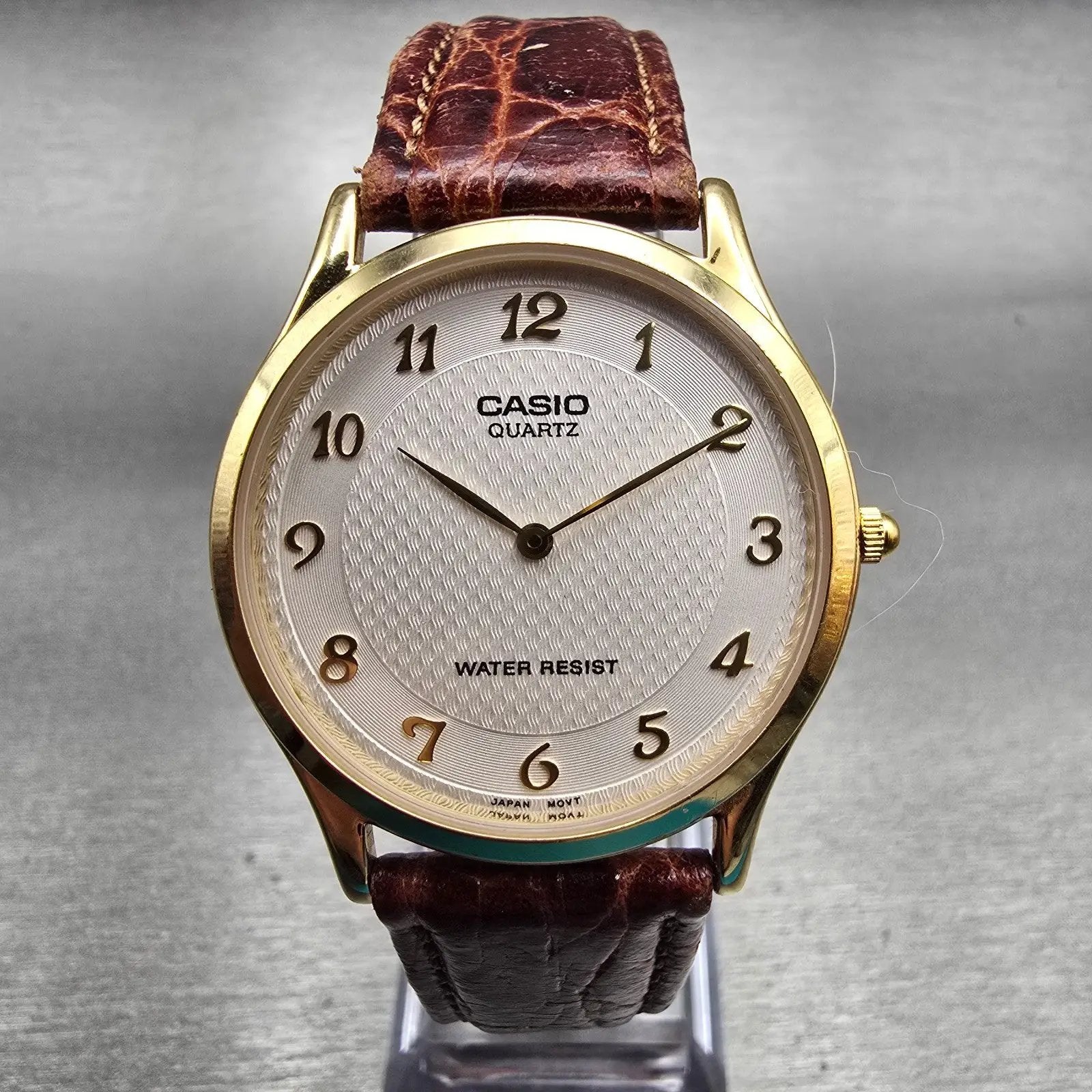 Casio Watch Men 34mm White Dial Gold Tone Round Leather Band MTP-1080 New Batt0
