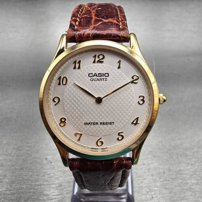 Casio Watch Men 34mm White Dial Gold Tone Round Leather Band MTP-1080 New Batt0