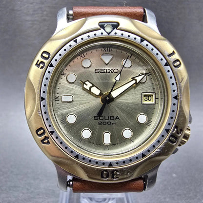 Seiko Scuba Watch Men 39mm Champagne Dial Two Tone Date 5H25-6000 Round PARTS0