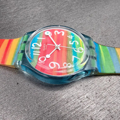 Swatch Color the Sky Watch Women 34mm Red Dial Blue Case Round GS124 New Battery9