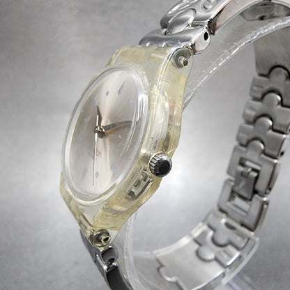 Swatch Watch Women 25mm Silver Dial Clear Case Round New Battery2