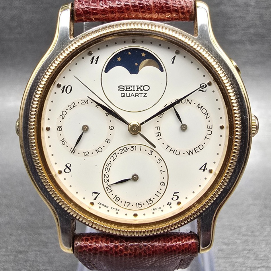 Seiko Moon Phase Watch Men 34mm Ivory Dial Two Tone Daydate 7F39-6029 New Batt1