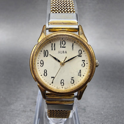 Seiko ALBA Watch Women 26mm Cream Dial Gold Tone Round V501-0ET0 New Battery