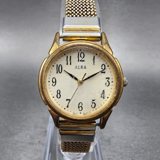 Seiko ALBA Watch Women 26mm Cream Dial Gold Tone Round V501-0ET0 New Battery
