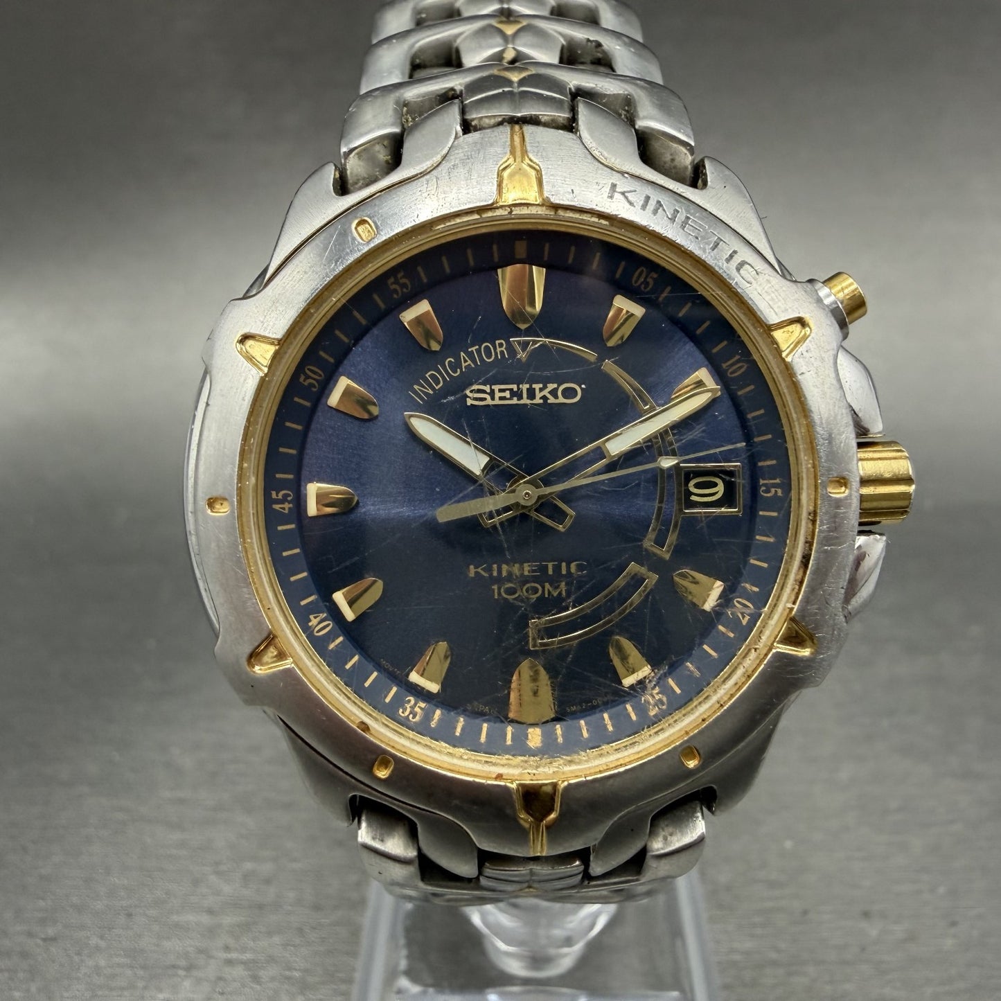 Seiko Kinetic Watch Men 39mm Blue Dial two Tone Date Round 5M62-0D10 New Cap0