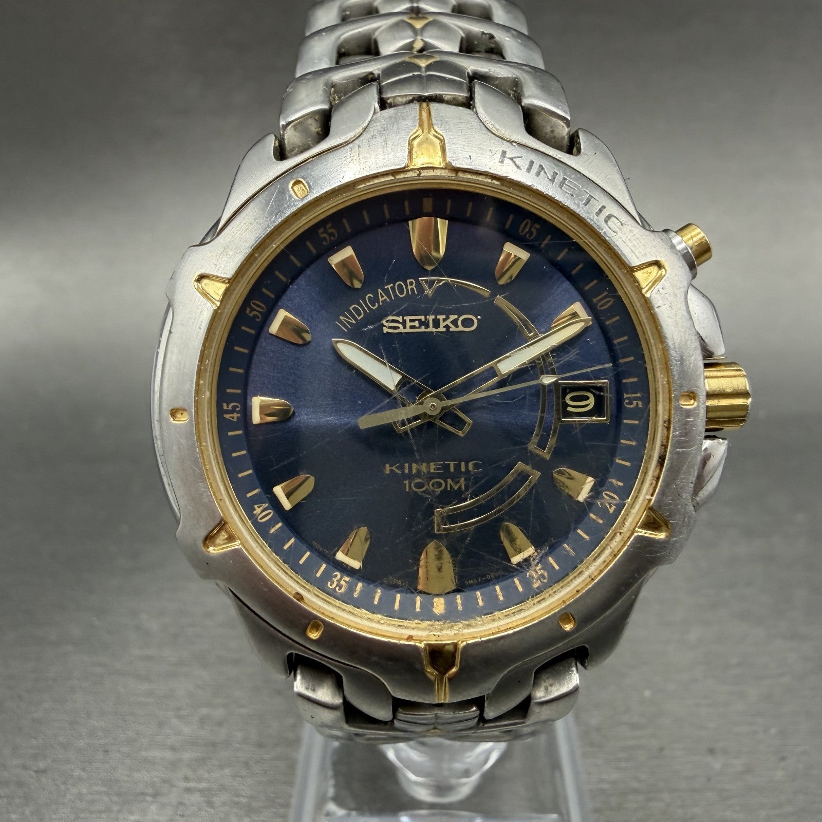 Seiko Kinetic Watch Men 39mm Blue Dial two Tone Date Round 5M62-0D10 New Cap0