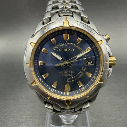 Seiko Kinetic Watch Men 39mm Blue Dial two Tone Date Round 5M62-0D10 New Cap0