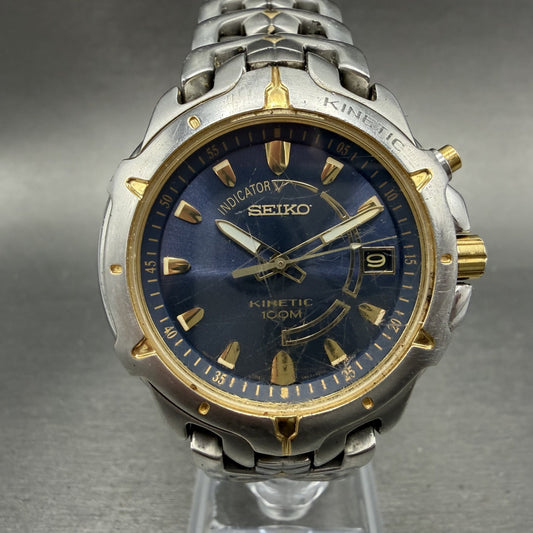 Seiko Kinetic Watch Men 39mm Blue Dial two Tone Date Round 5M62-0D10 New Cap0