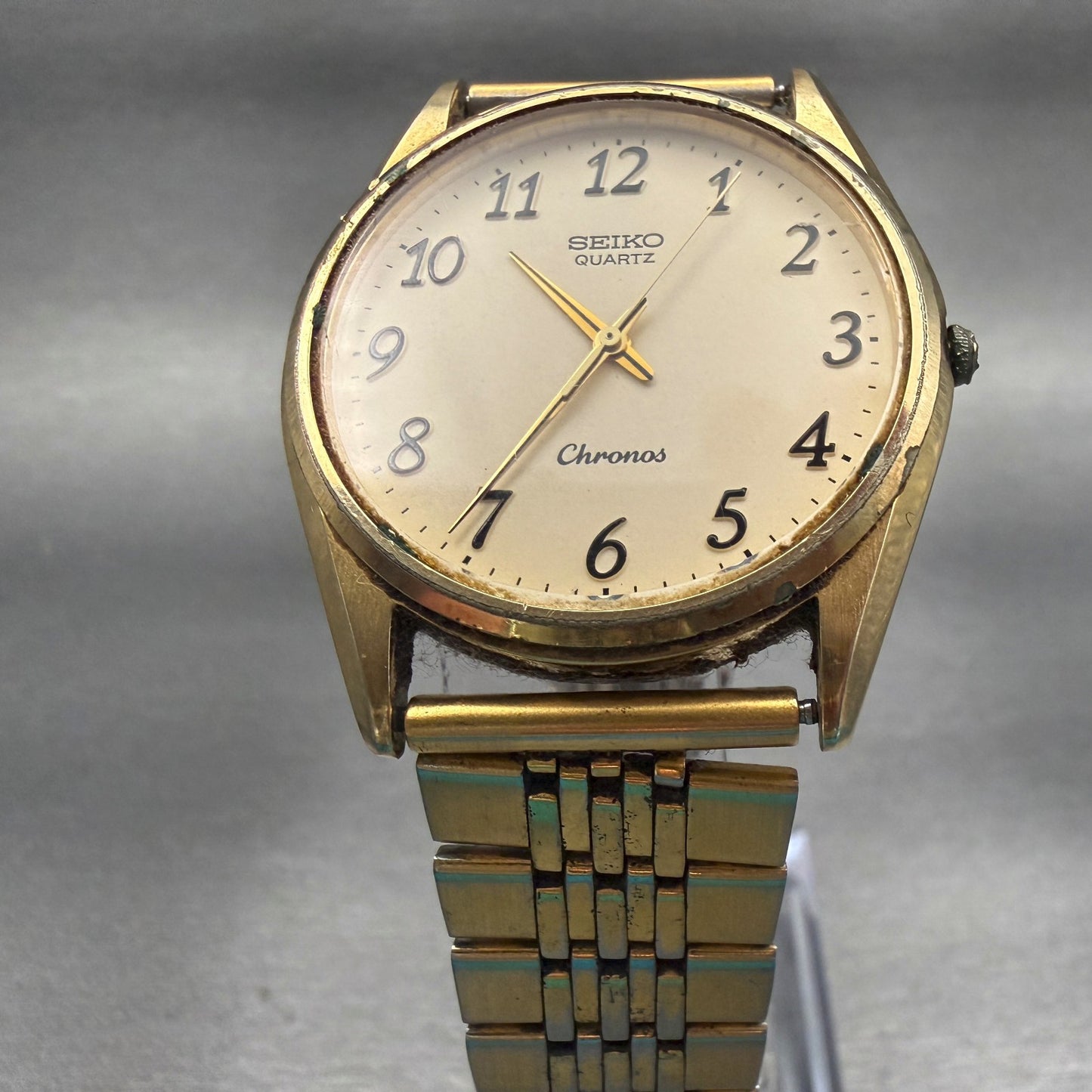 Seiko Chronos Watch Men 34mm Champagne Dial Gold Tone Round 8121-8000 New Batt5