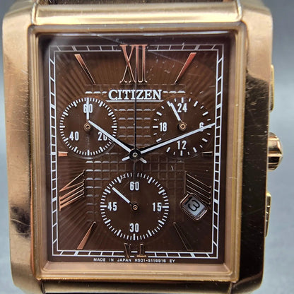 Citizen Eco-Drive Tank Chronograph Watch Men 30mm Brown Dial Rose Gold Date Runs1