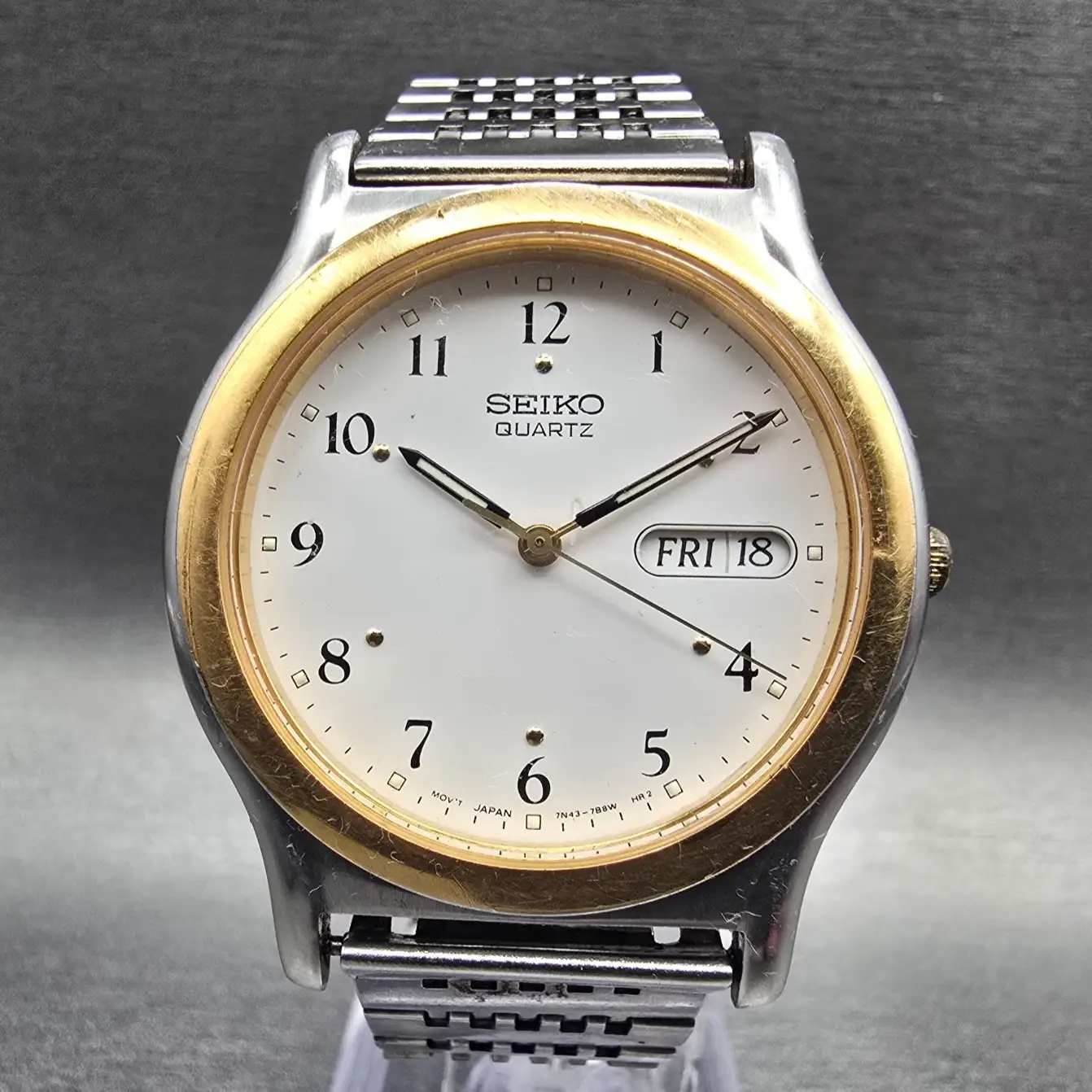 Seiko Watch Men 36mm White Dial Two Tone Daydate Round 7N43-7B19 New Battery JT0