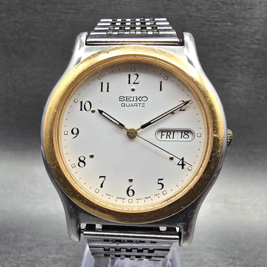 Seiko Watch Men 36mm White Dial Two Tone Daydate Round 7N43-7B19 New Battery JT0