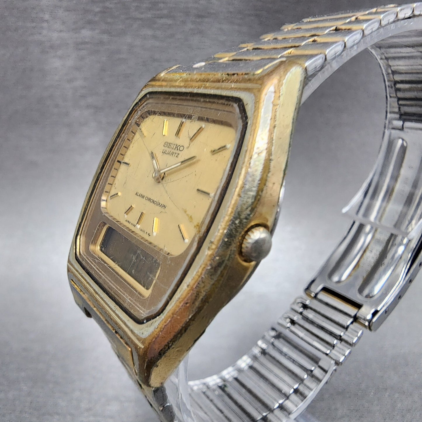 Seiko Analog Digital Watch men 33mm Gold Dial Gold Tone H448-5009 PARTS