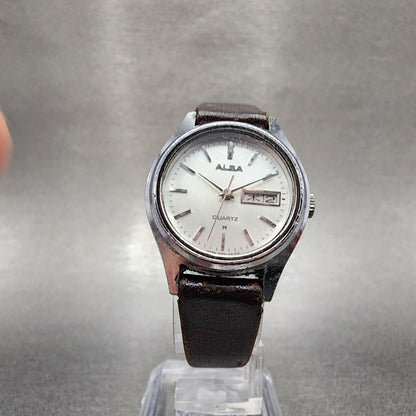 VTG Seiko Alba Watch Women 25mm Silver Dial Silver Tone Daydate Round New Batt5