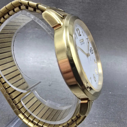 Citizen Eco-Drive Watch Men 38mm White Dial Gold Tone Date E111-S022894 Runs3