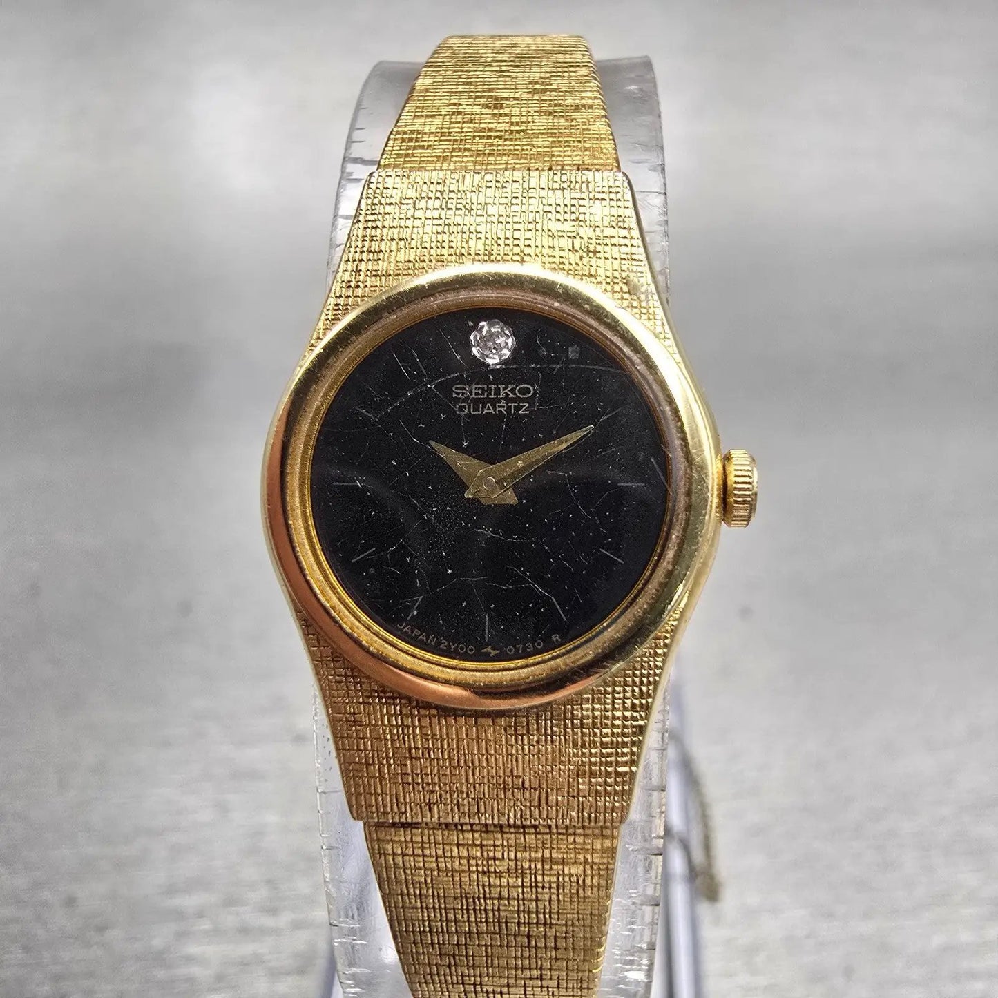 Seiko Watch Women 17mm Black Dial Gold Tone Oval 2Y00-0069 New Battery Vintage0