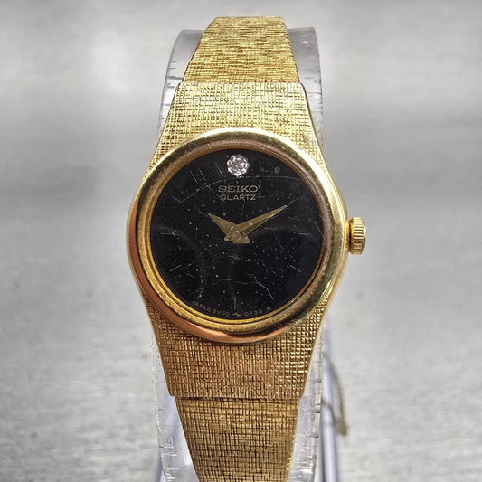Seiko Watch Women 17mm Black Dial Gold Tone Oval 2Y00-0069 New Battery Vintage0