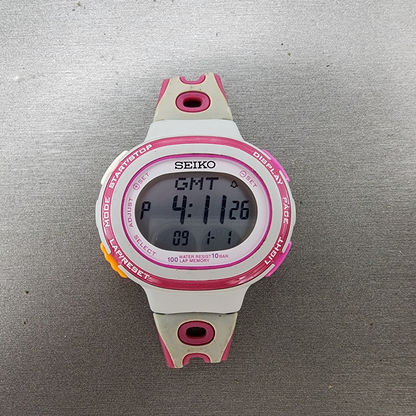 Seiko Digital Watch Women 40mm White Pink ALarm Chronograph S60100A0 New Batt0