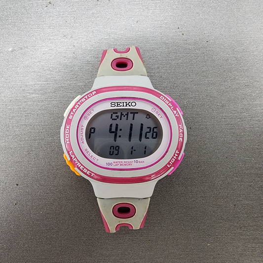 Seiko Digital Watch Women 40mm White Pink ALarm Chronograph S60100A0 New Batt0