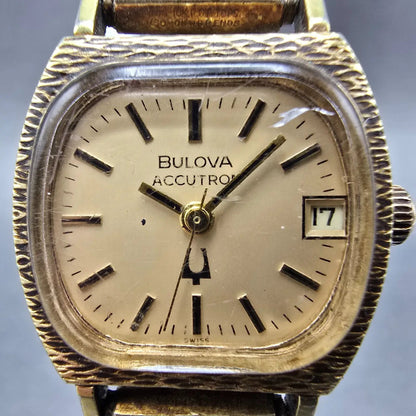 Bulova Accutron Watch Women 23mm Champagne Dial Gold Tone Date N4 PARTS Vintage2