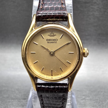 Seiko Watch Women 20mm Gold Dial Gold Tone Round 2Y01-0A10 New Battery Vintage0