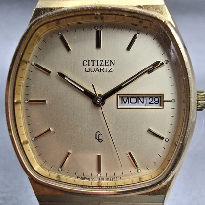 Citizen CQ Watch Men 34mm Champagne Dial Gold Tone Daydate 4-211898 New Battery1