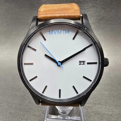 MVMT Classic Watch Men 45mm White Dial Black Date Round Leather New Battery AB0