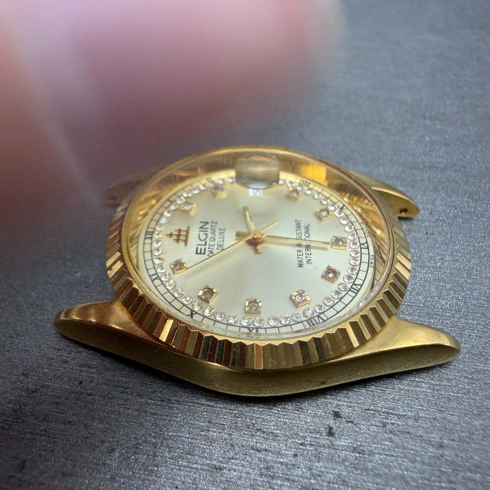 Elgin President Watch Men 35mm Gold Dial Gold Tone Date Round FK-329 PARTS4