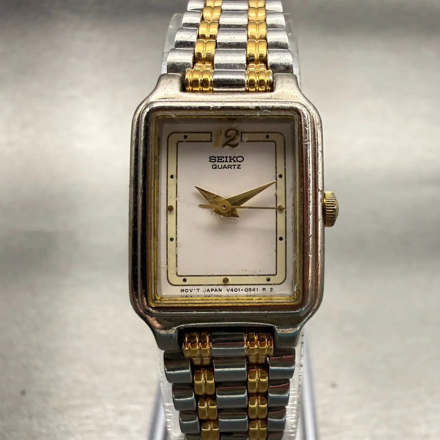 Seiko Watch Women 17mm White Dial Two Tone Rectangle V401-5129 New Battery VTG0