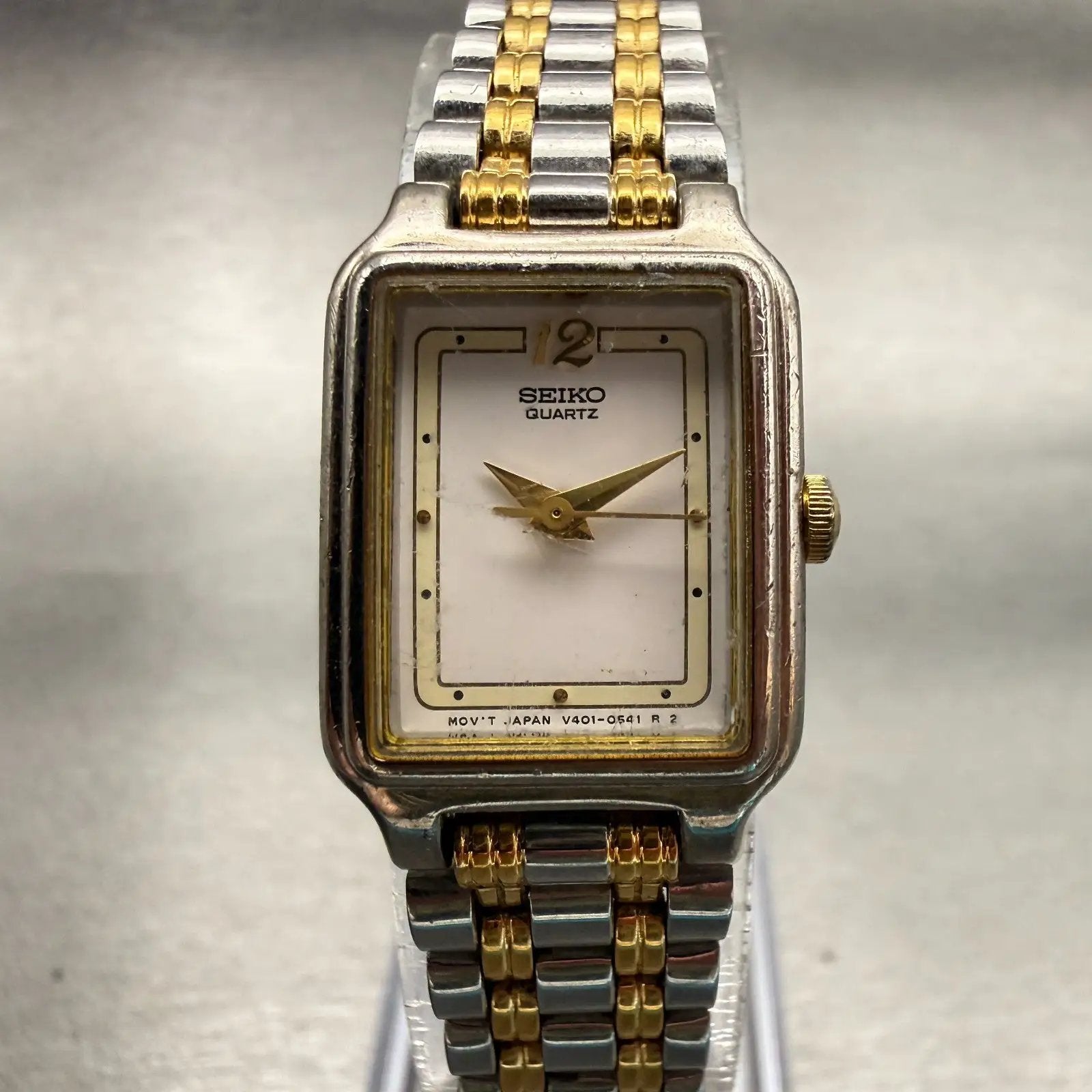 Seiko Watch Women 17mm White Dial Two Tone Rectangle V401-5129 New Battery VTG0