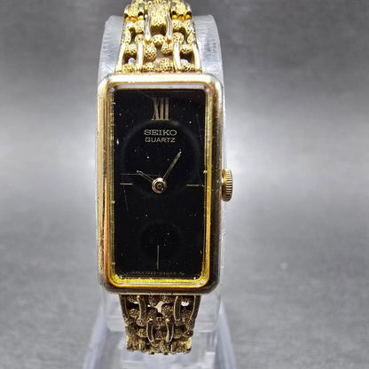 Seiko Tank Watch Women 13mm Black Dial Gold Rectangle 1320-5249 New Battery JP0