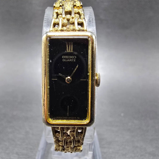 Seiko Tank Watch Women 13mm Black Dial Gold Rectangle 1320-5249 New Battery JP0