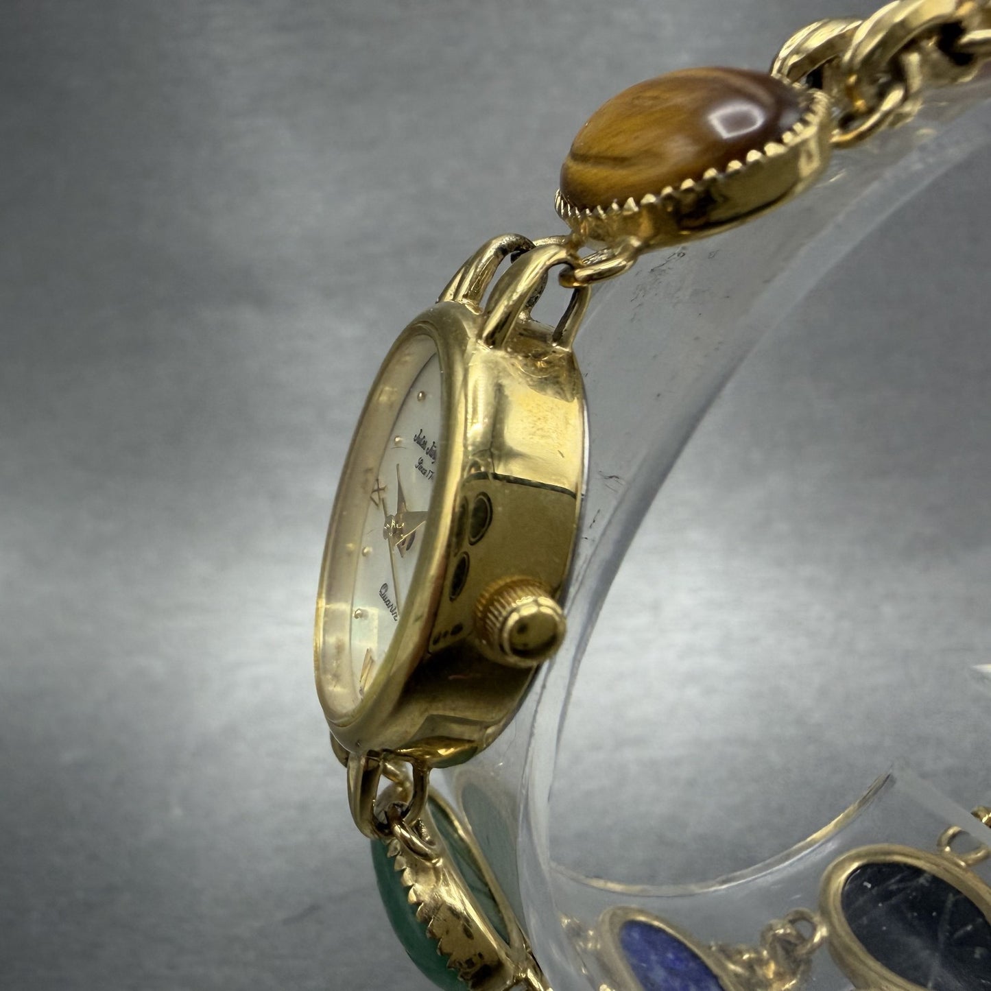 Jules Jurgenson Watch Women 19mm MOP Dial Gold Tone Oval Gem Stones New Battery2