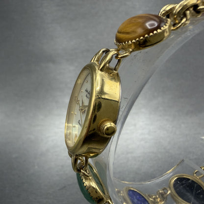 Jules Jurgenson Watch Women 19mm MOP Dial Gold Tone Oval Gem Stones New Battery2