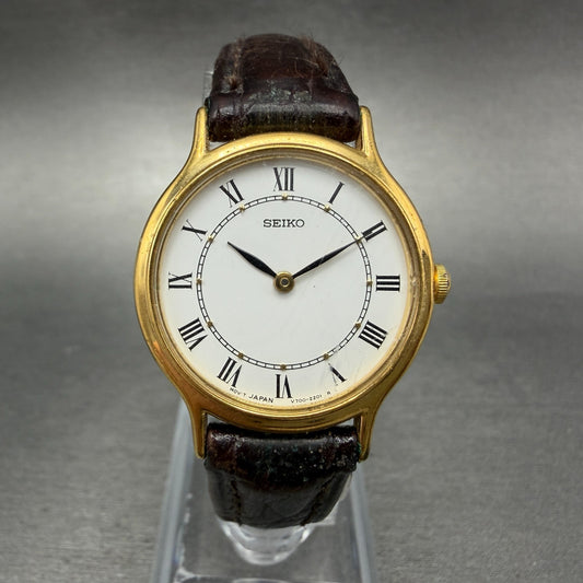Seiko Watch Women 26mm White Dial Gold Tone Round Vinatge V700-6091 New Battery0