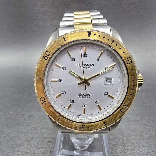 Elgin Sportsman Dive Watch Men 38mm Silver Dial Two Tone Date Round New Battery0