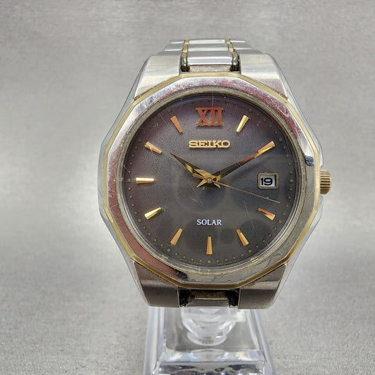 Seiko Solar Watch Men 40mm Gray Dial Two Tone Date V157-0ak0 Runs