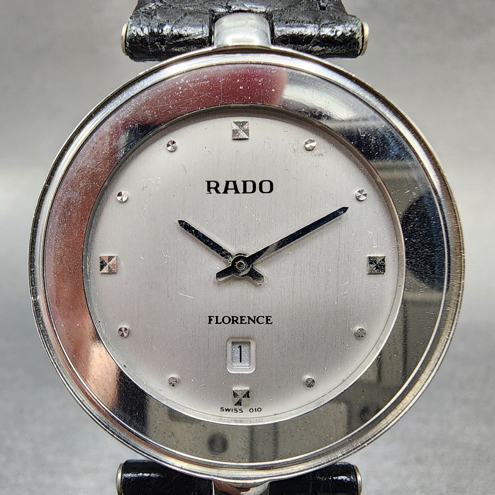 Rado Florence Watch Men 32mm Silver Dial Steel Date Round NO CRYSTAL New Batt1