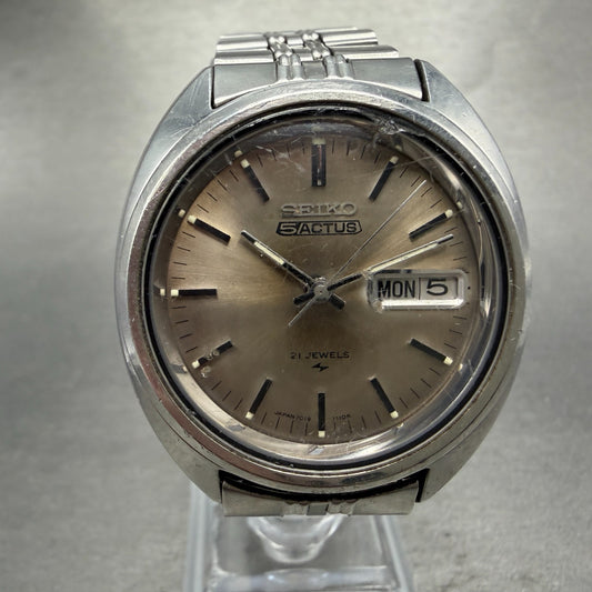 Seiko 5 Actus Watch Men 36mm Brown Dial Silver Tone Daydate Round 7019-7070 Runs0