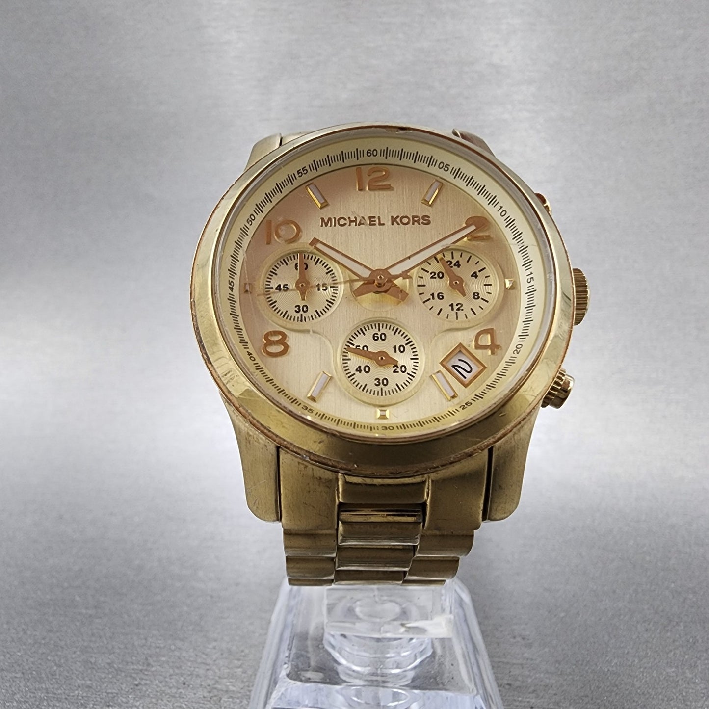 Michael Kors Runway Chronograph Watch Women 38mm Champagne Dial Gold Tone NewBat5