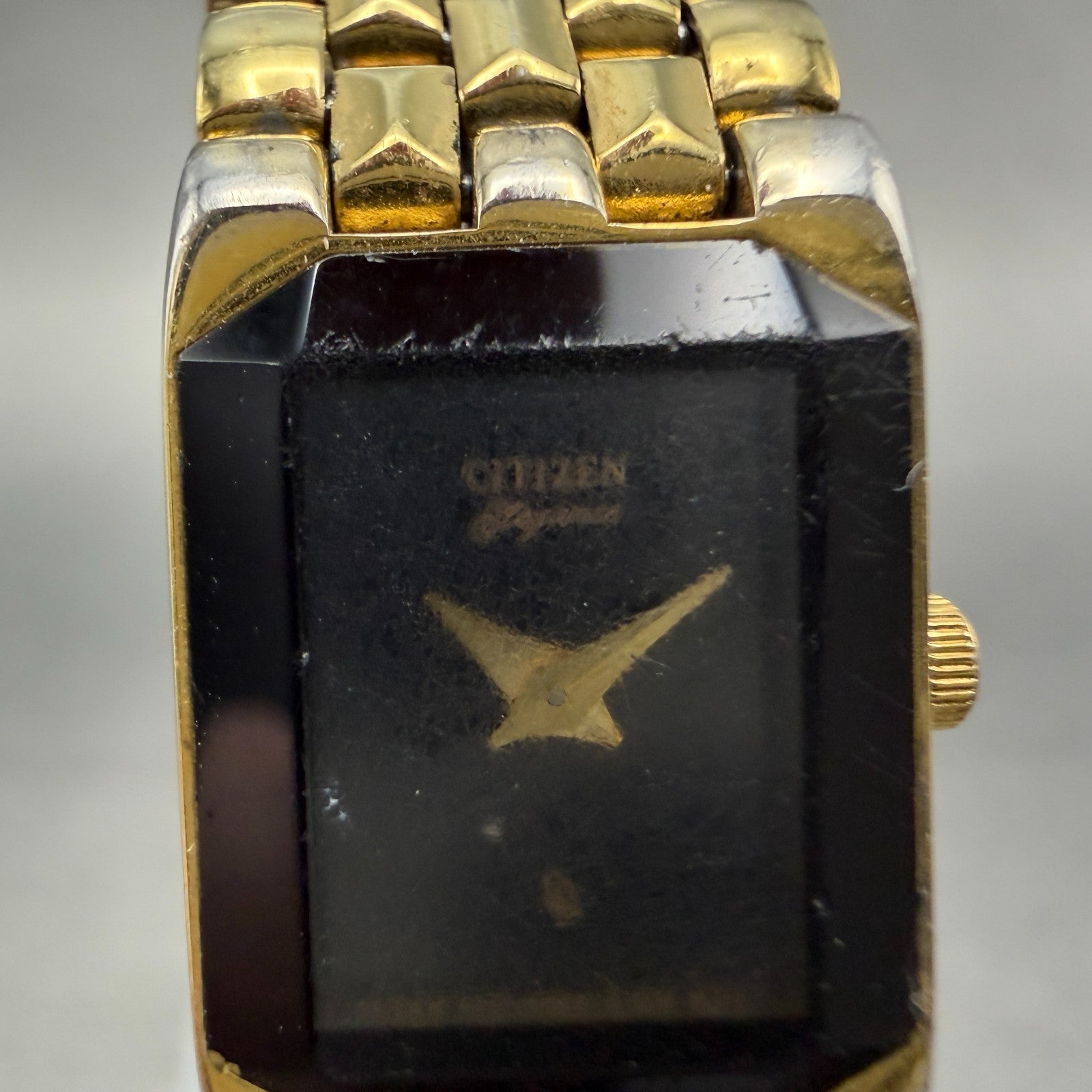 Citizen CQ Elegance Tank Watch Women 15mm Black Dial Gold Tone New Battery VTG1