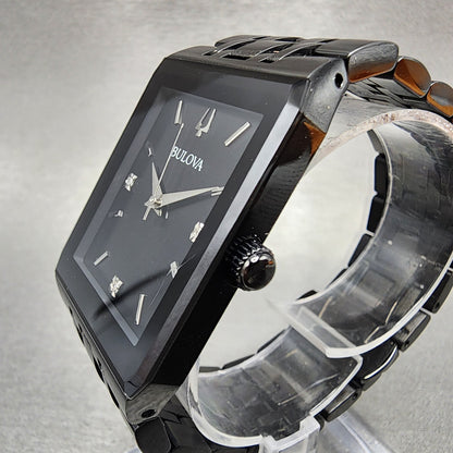 Bulova Quadra Watch Men 31mm Black Dial Black Tone Octagon 98D164 Bracelet B1234