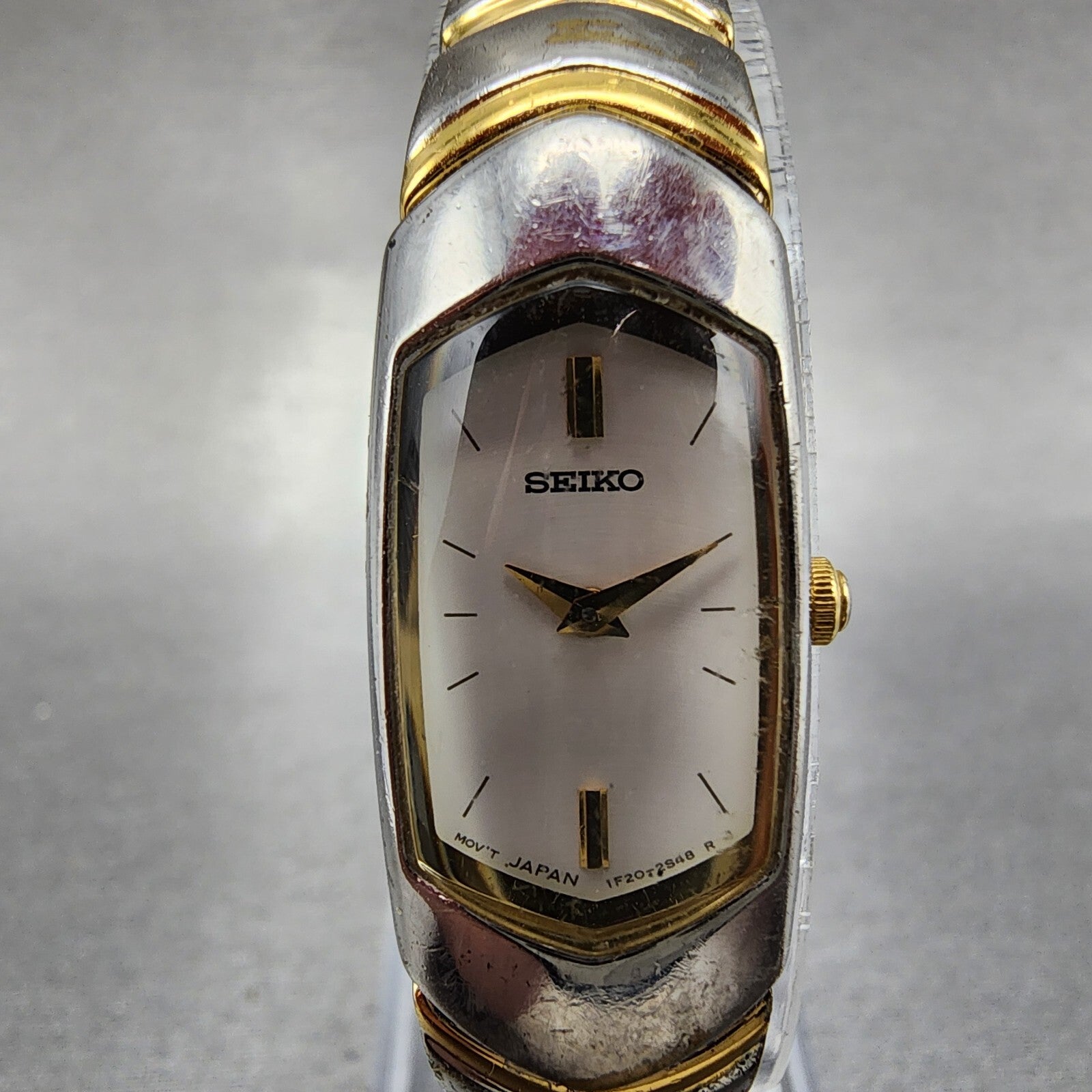 Seiko Watch Women 15mm White Dial Two Tone Rectangle 1f206h49 New Battery1