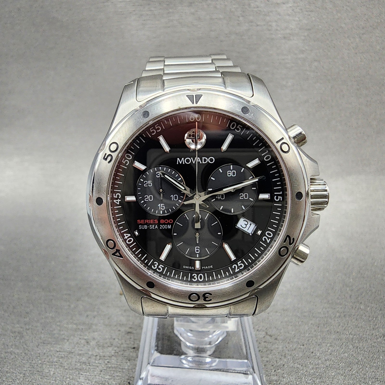 Movado Series 800 Sub Sea Chronograph Watch Men 42mm Black Dial Steel New Batt0