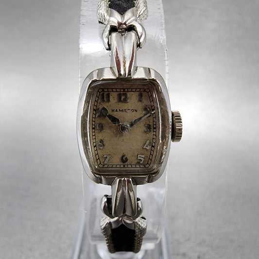 Hamilton Watch Women 14mm Silver Dial 10K Gold Filled Rectangle Manual Wind Runs0