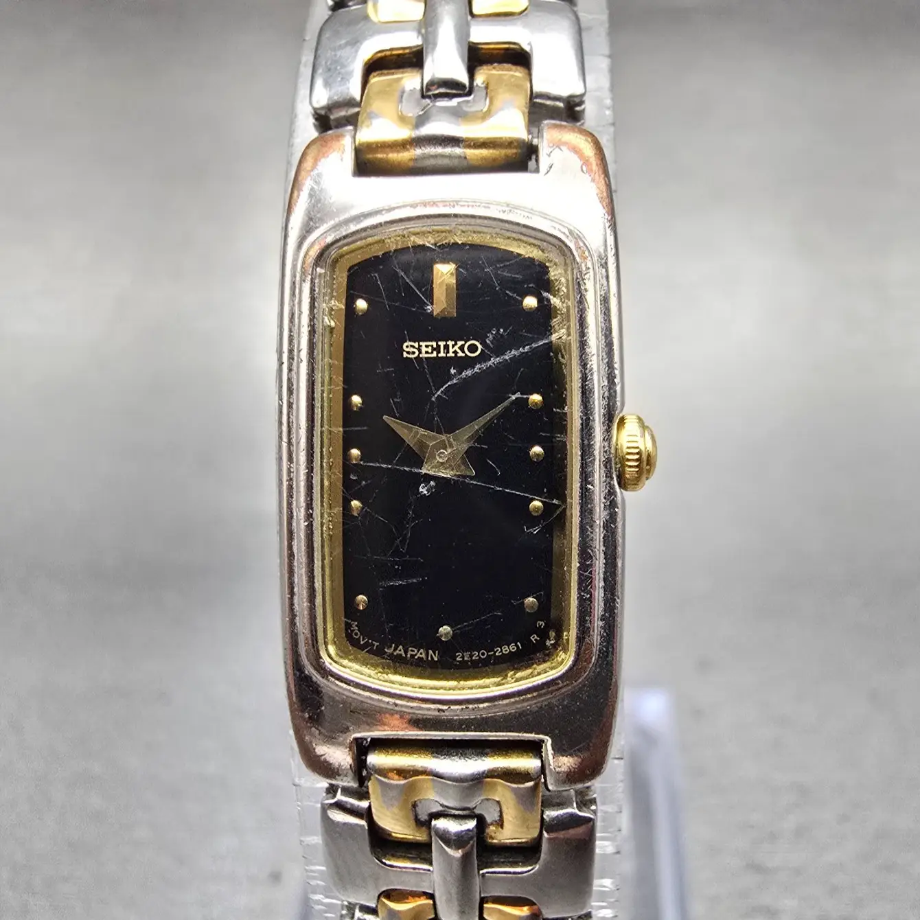 Seiko Watch Women 14mm Black Dial Two Tone Rectangle 2E20-7289 New Battery VTG0
