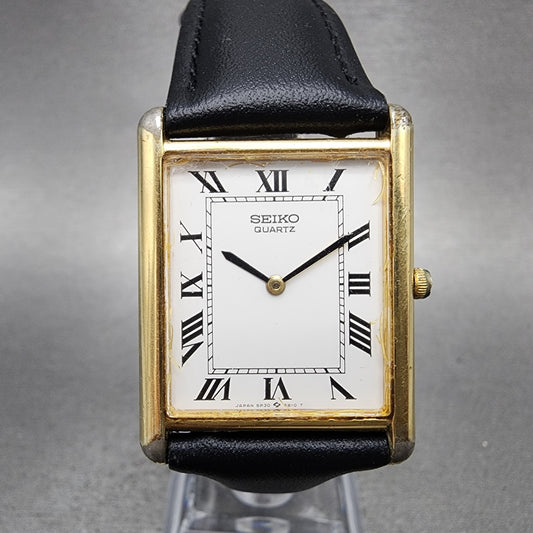 Seiko Tank Watch Men 26mm White Dial Gold Tone Rectangle 5p305a89 New Battery0
