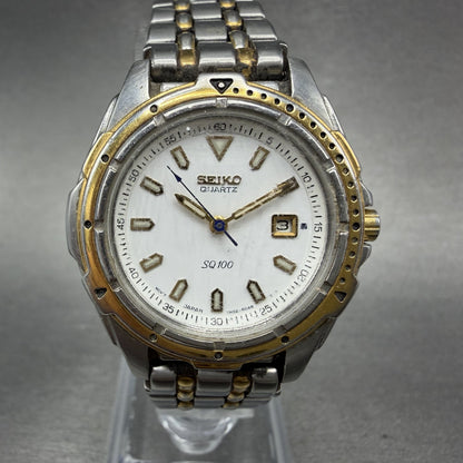 Seiko SQ 100 Dive Watch Women 31mm White Dial Two Tone Date 7N82-6C30 NewBattery0